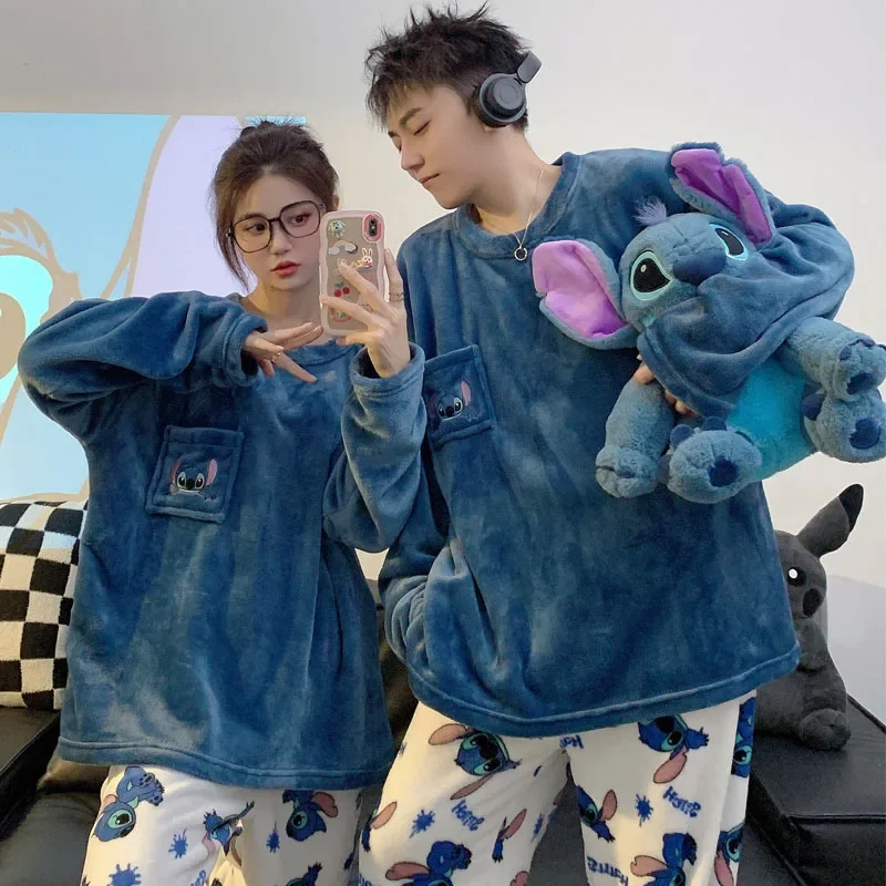 Disney winter warm couple pajamas set Stitch loungewear Disney loungewear cute cartoon Stitch couple warm pajamas