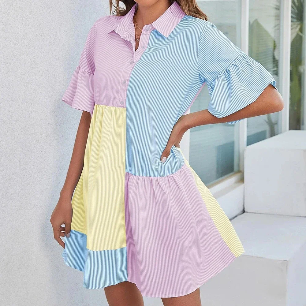 Dresses Spring Summer Cute Fashion Patchwork Short Sleeve Shirt Collar Mini Casual Shirt Dresses For Women