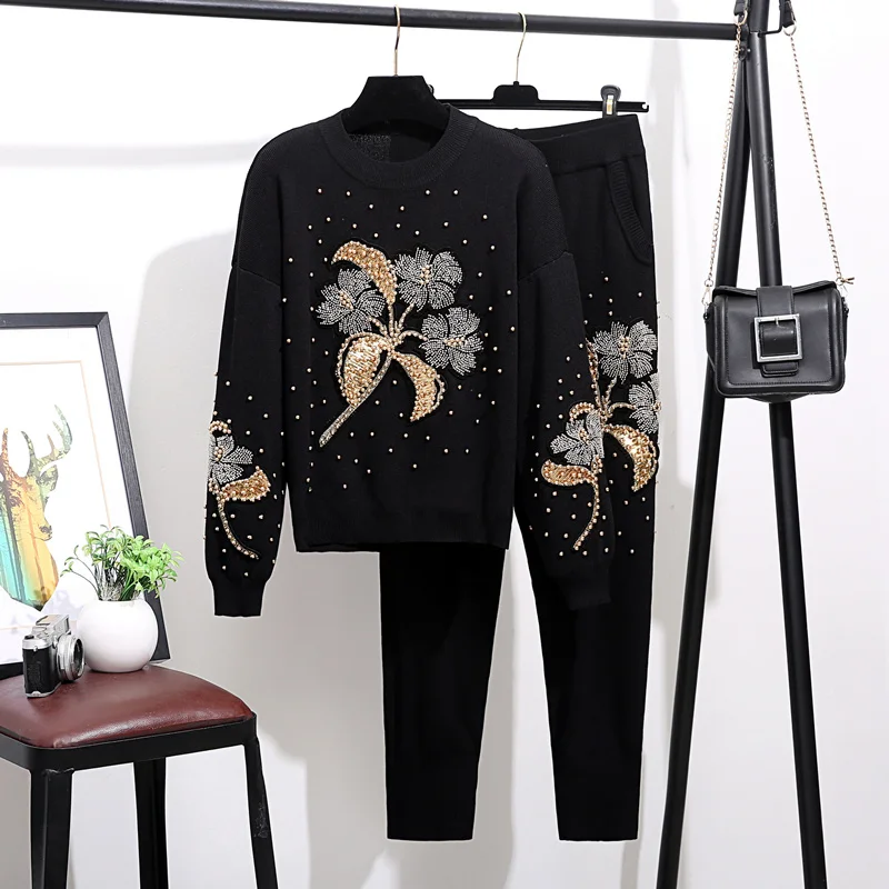 Manual Beaded Sequin Flowers Women Knitted Tracksuit Set Loose Black Pullover Sweater Long Pants Knit Two Piece Outfits Female