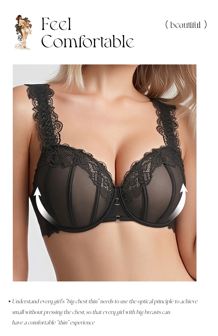 2026 Ultra Thin Mesh Bras Women Underwire Full Cup Size Lace Bra Unlined Minimizer Plus-size Bra Women's Intimates