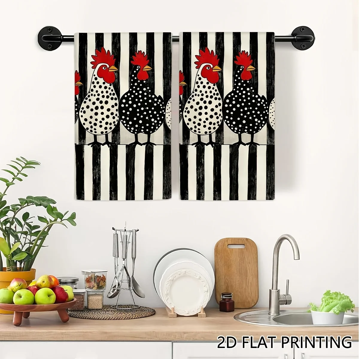 2PCs kitchen towel, black and white vertical rooster pattern kitchen towel, super absorbent kitchen dishcloth