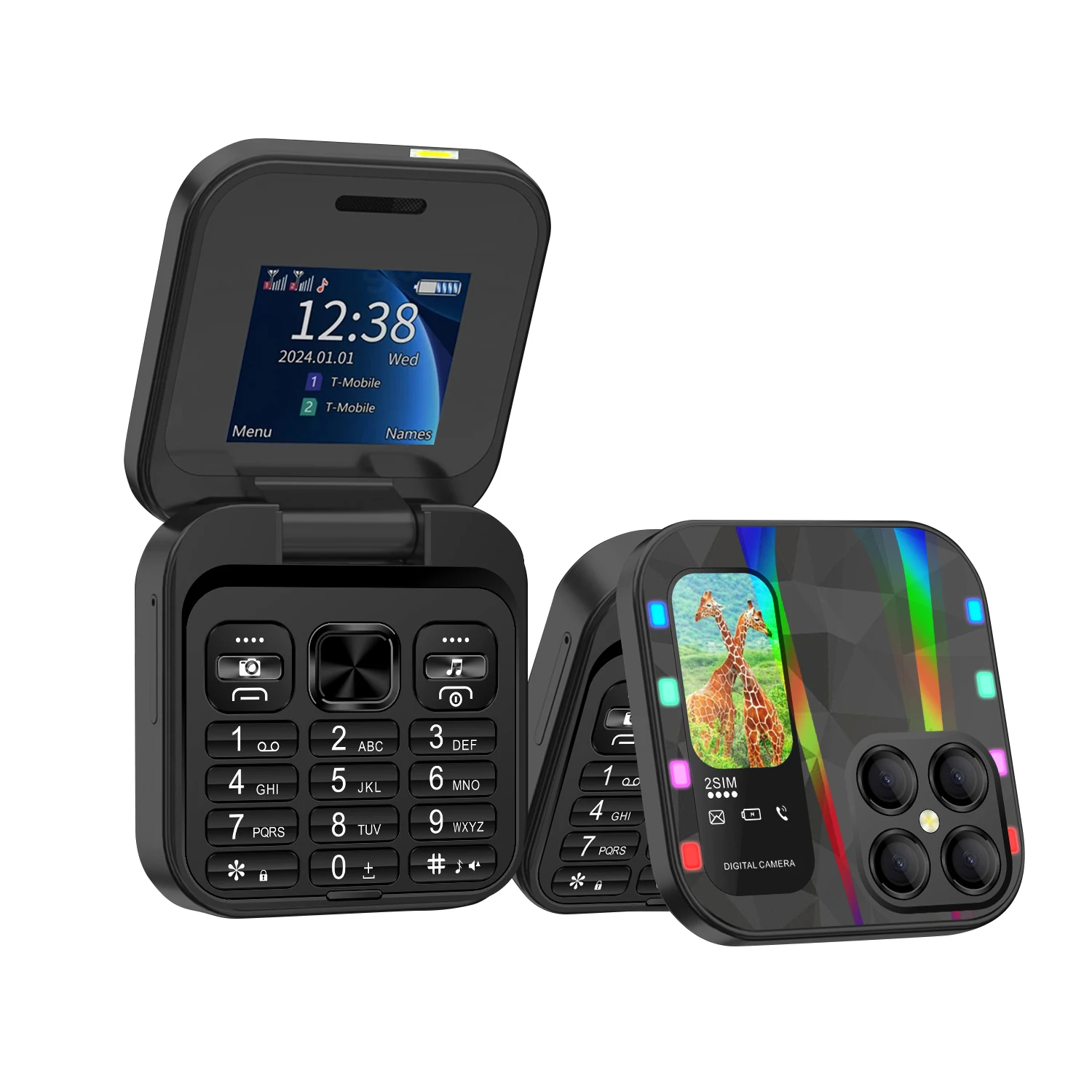 FUFFI-S23 Pro,Folding Mini Phone,2.4 inch,Luminous phone, fun feature phone, 2G network, dual SIM, phone holder, student phone