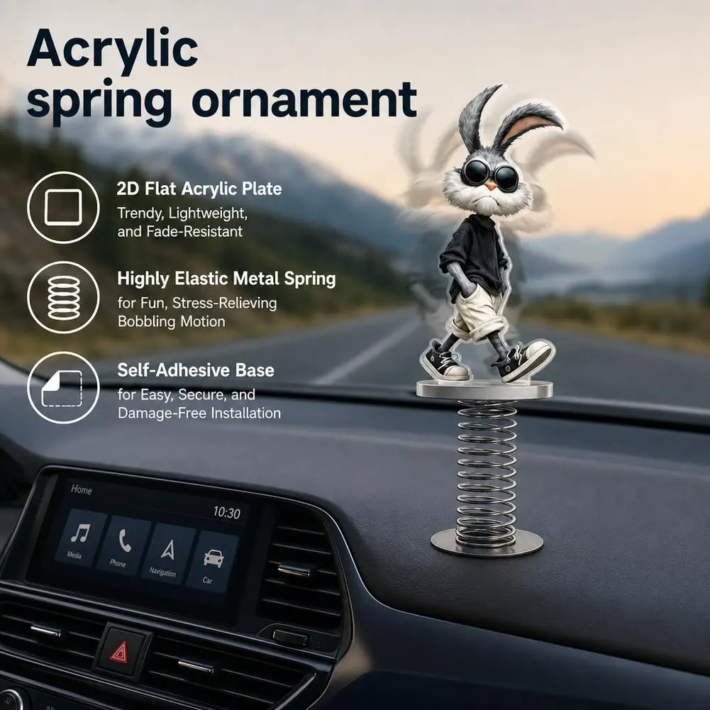 Cute Acrylic Spring Bobble Head Car Dashboard Ornament Shaking Rabbit Figurine Self Adhesive Auto Interior Decor Toy