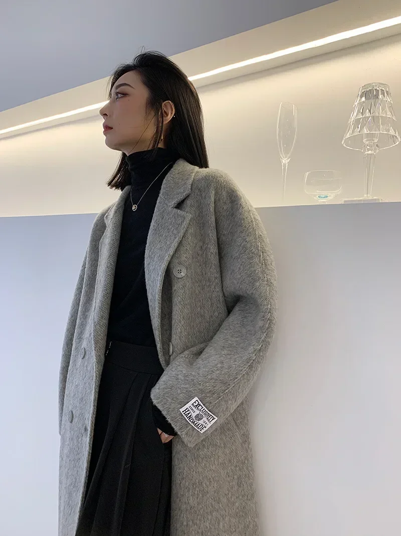 New High-end Women Wool Herringbone Loose Double-sided Wool Coat Temperament Handmade Natural Wool Fashion Jacket Autumn Winter