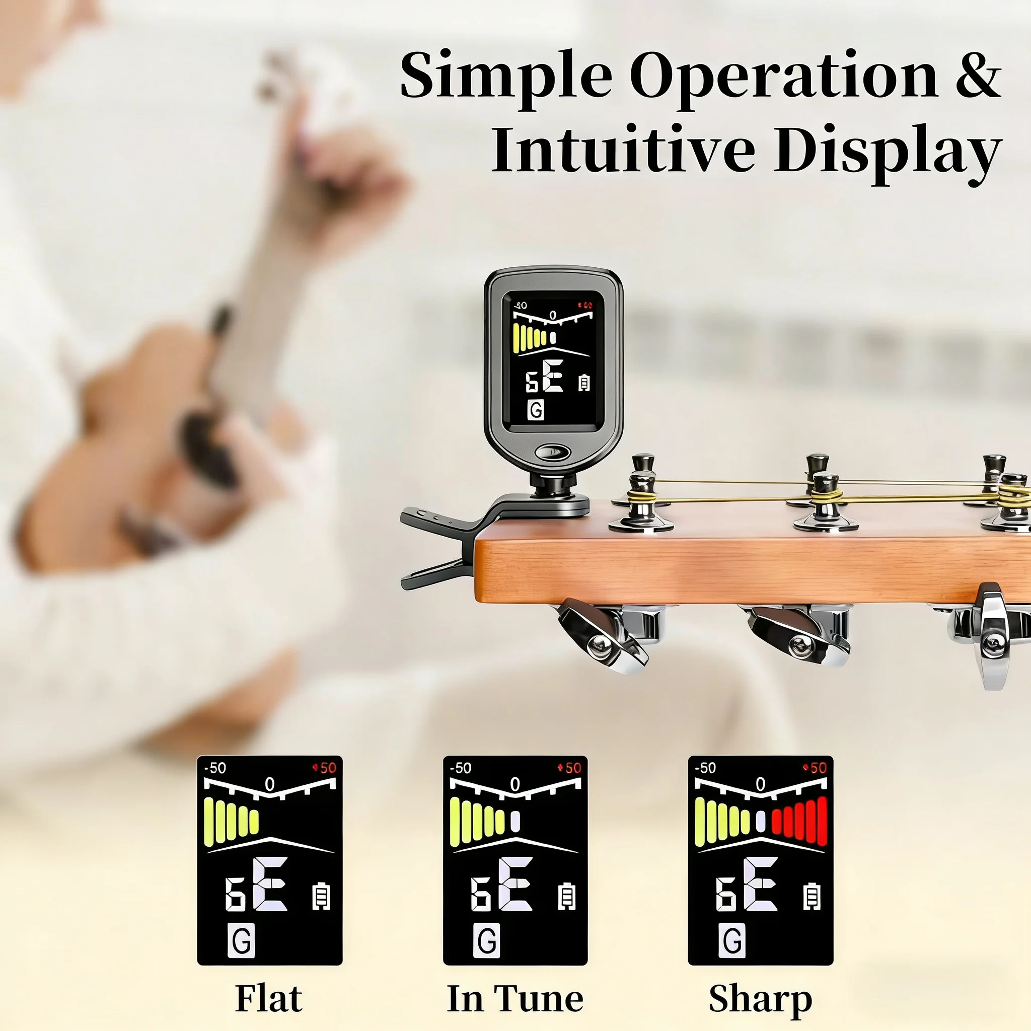 Clip-On Guitar Tuner 360-Degree Rotatable Color Display Precise for Acoustic Guitar Ukulele Bass Violin Banjos chromatic tuning