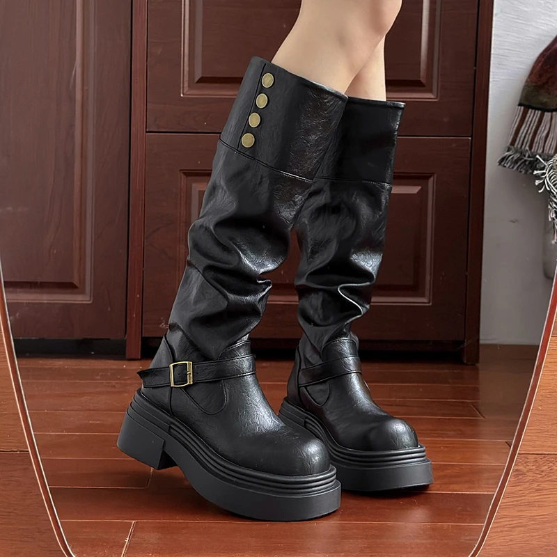 Autumn Winter Platform Thick Bottom Women Long Boots Fashion Slip On Shoes Vintage Ladies Knight Botas