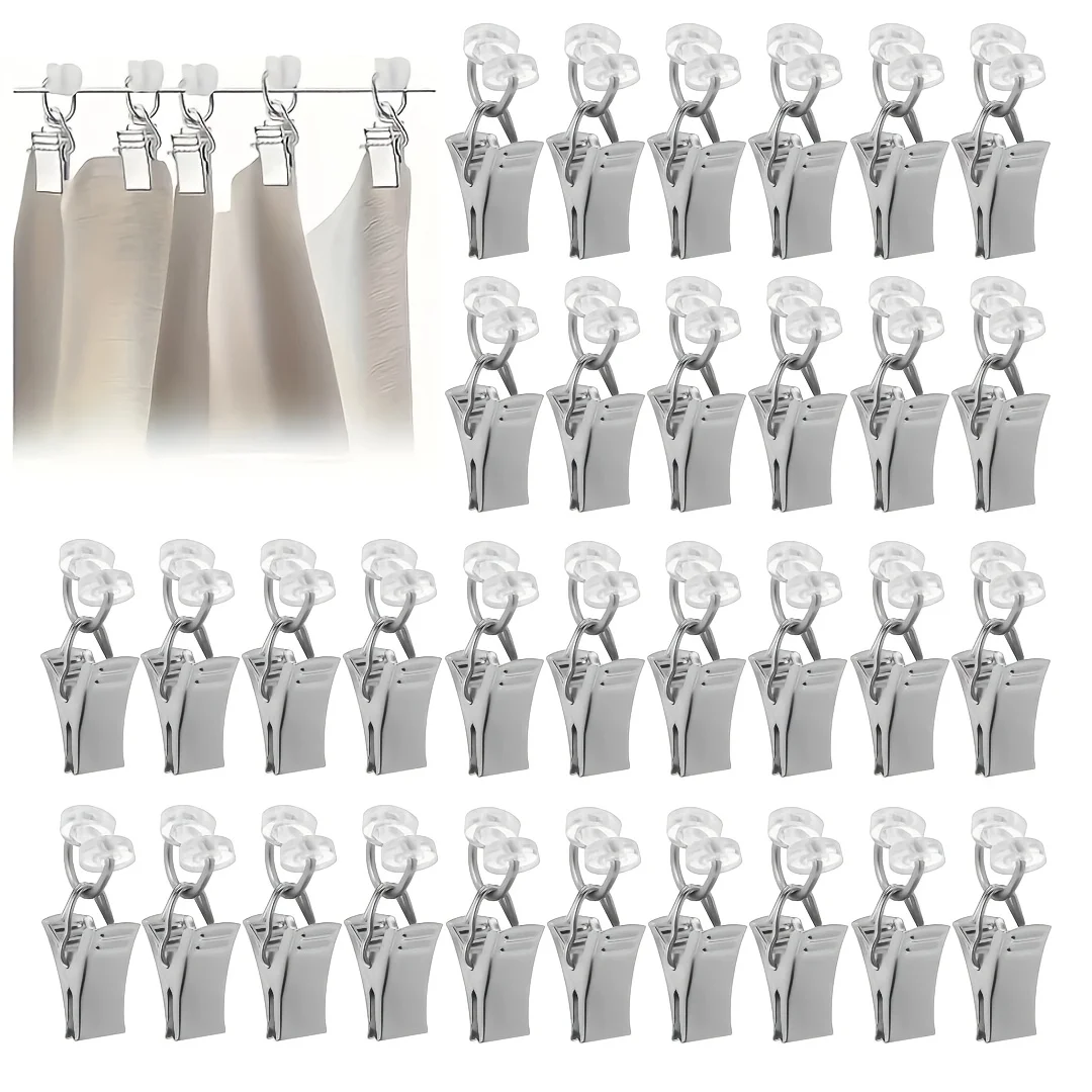 30Pcs Metal Curtain Clips with T-Hook Track Gliders Sliders Roller Pulleys Heavy Duty Drapery Hanging Hooks for Window Shower