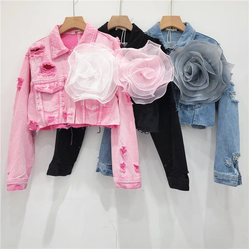 

Cute Spliced Mesh Big Flower Multi-colored Crop Denim Coat 3D Rose Gauze Hollow Out Short Denim Jacket Fall Autumn Chic Outfits