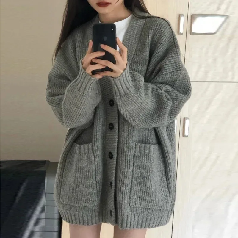 Loose Cardigan Women Long Sleeve V-neck Knitted Black Slouchy All-match Female Autumn Winter Coats Korean Style Chic Baggy Tops