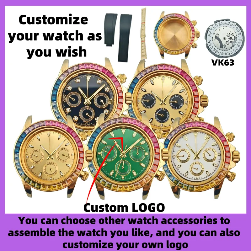 

39.5mm Colored diamond Chronograph man gold watch case fit VK63 Quartz movement luminous panda 6 Hands Watch dial Custom logo