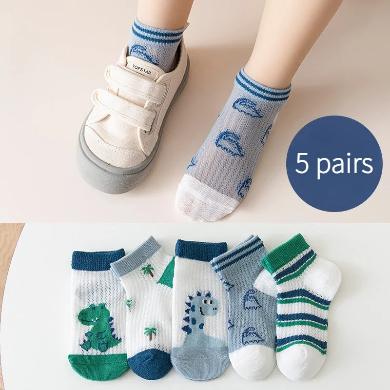 5 Paar modische Kinder-Crew-Socken aus Baumwolle mit niedlichem Muster, bequeme, atmungsaktive, dünne Socken für Frühling und Sommer