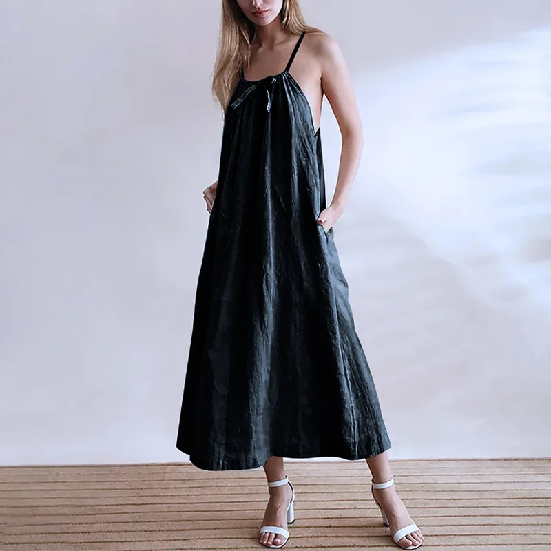 Summer Linen Strapless Halter Dress Women's Bandage Front And Back Wear Chic Elegant Casual Long Dresses Female Clothing