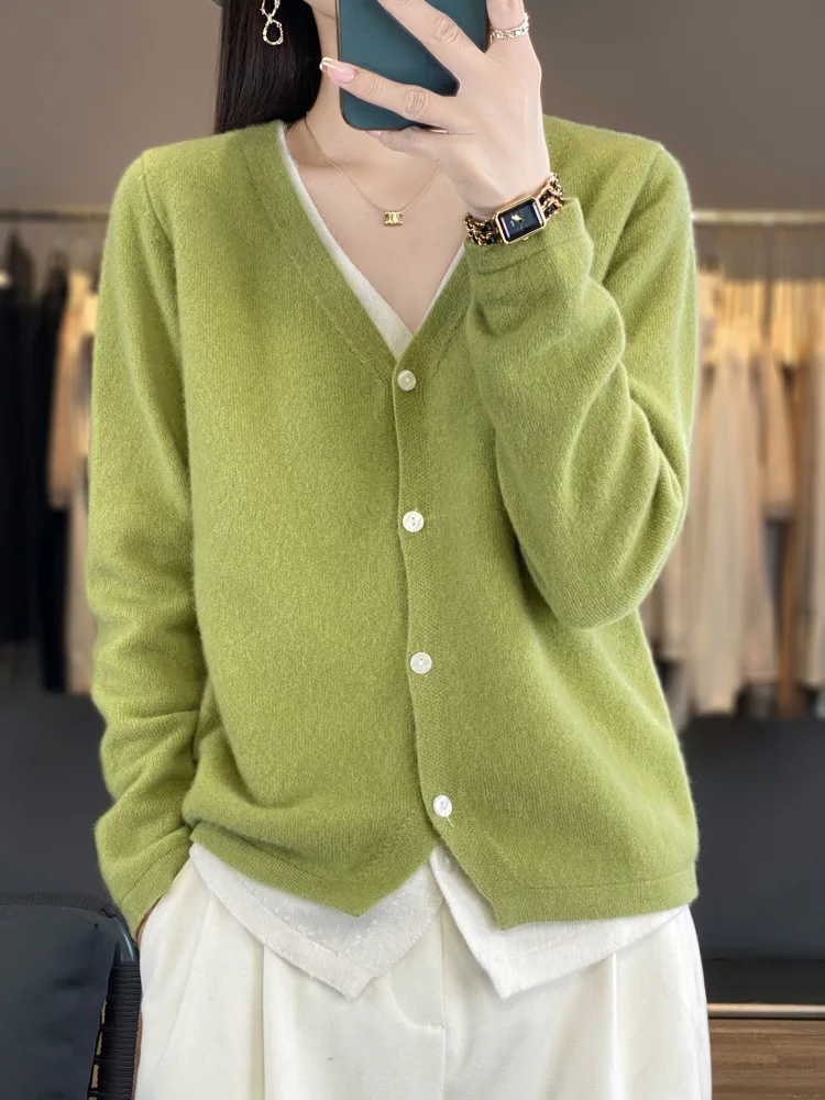 2024Spring Autumn Women's V-neck Cardigan 100% Merino Wool Sweater Casual Comfort Cashmere  Soft Knitwear Korean Popular Clothes