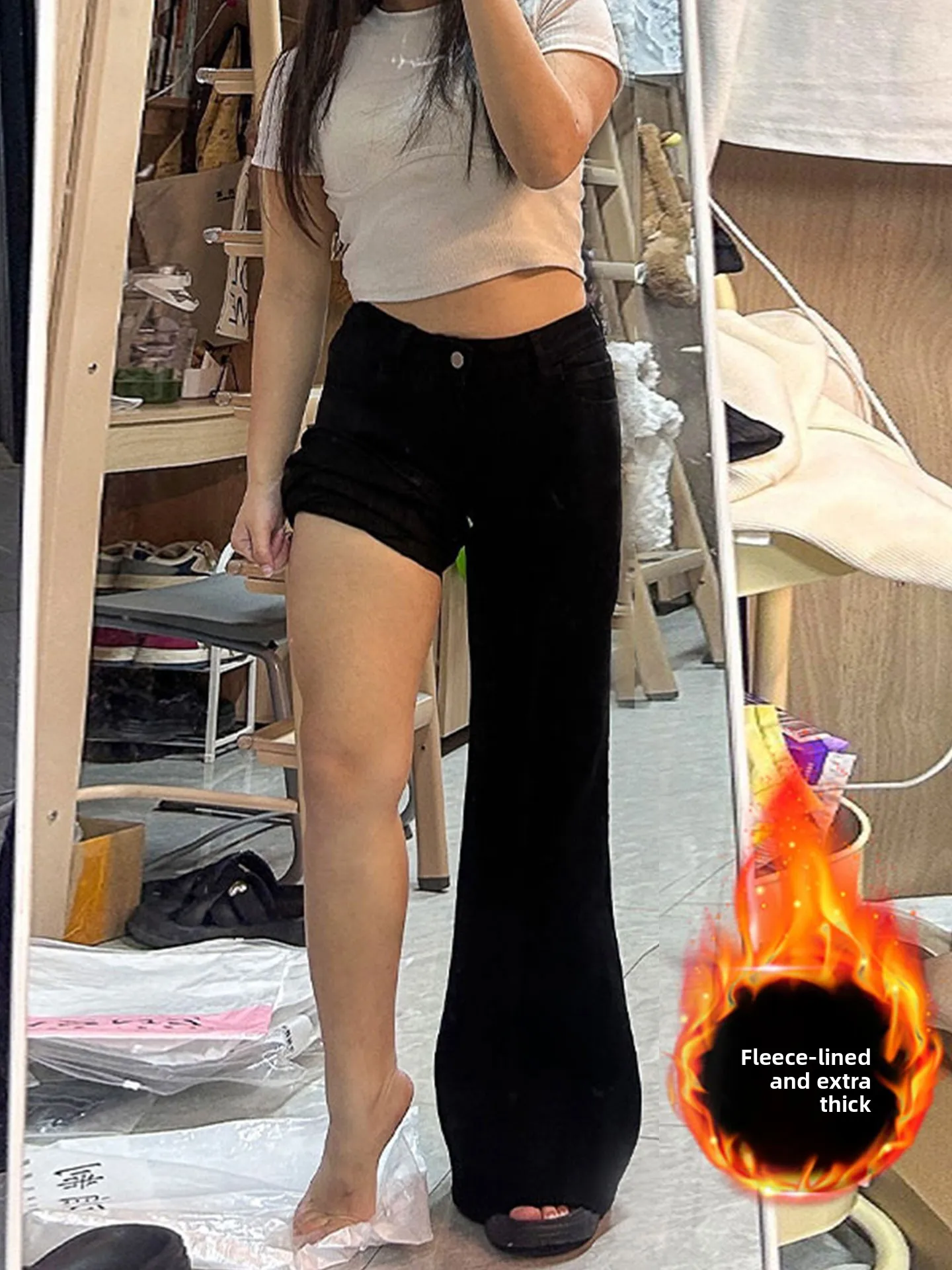 

plus Size Women's Bla Fce Lined Thiened Slimming Jeans High Waist Wide Leg Bootcut Pants Casual Autumn Winter Denim