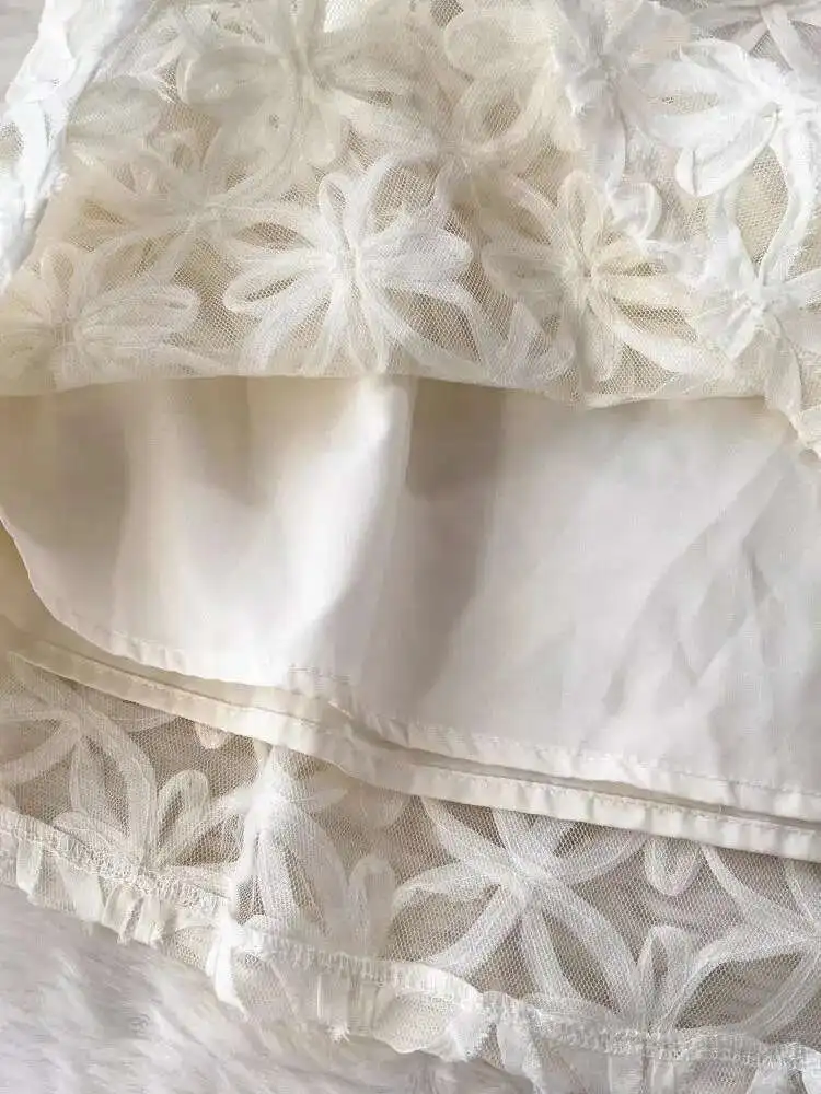 JAMERARY Summer Holiday Diamonds Pearls White Dress Women Short Sleeve 3D Floral Mesh Lace Embroidery Party A Line Vestidos