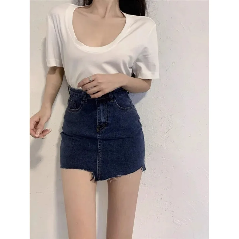 

Asymmetrical High-Waist Denim Skirt - Raw Hem Bodycon Mini Skirt for Women