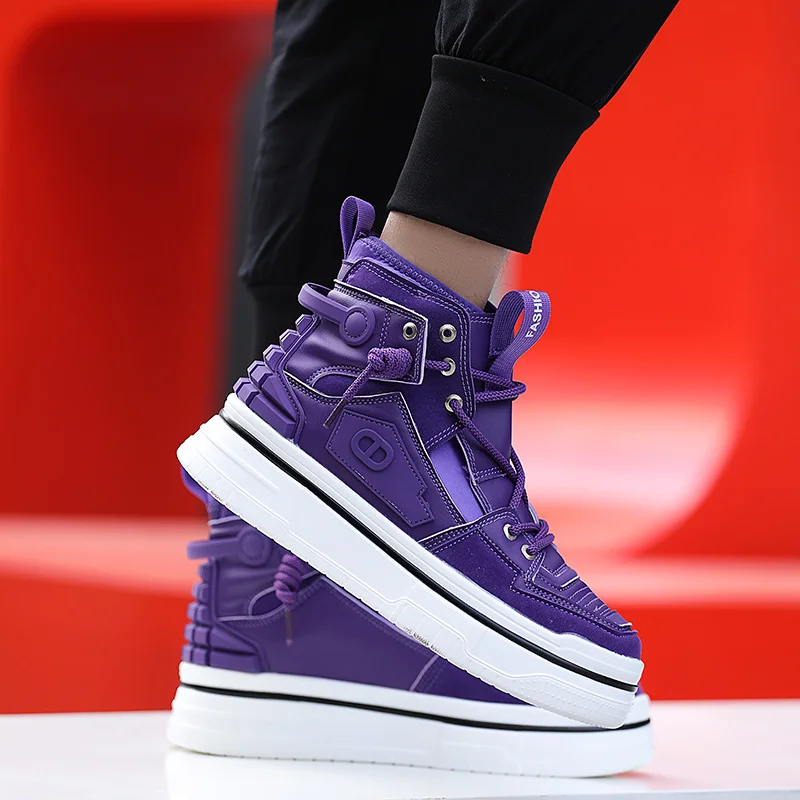 New Mens Designer Purple Sneakers Comfortable Lace Up Platform Shoes Men Streetwear High Top Sneakers Men Fashion Trainers Shoes