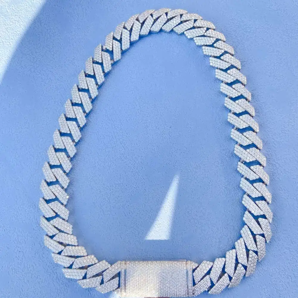 Luxury Hand Setting 18mm Width Three Rows Iced Vvs Moissanite Silver 925 Men Diamond Link Necklace Cuban Chain.