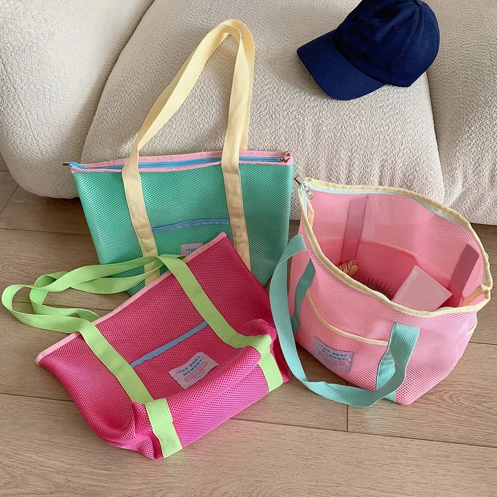 

Colored Mesh Tote Bag Shoulder Bag Large Capacity Mesh Shopping Bag Lightweight Student Tutoring Package Mesh Handbag Travel