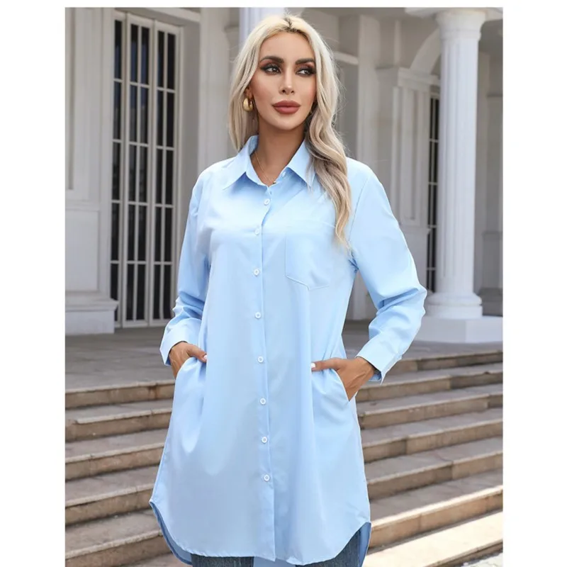 2025 봄/여름 여성의 새로운 긴 스타일 솔리드 컬러 캐주얼 기질 통근 칼라 버튼 여성용 긴 소매 셔츠