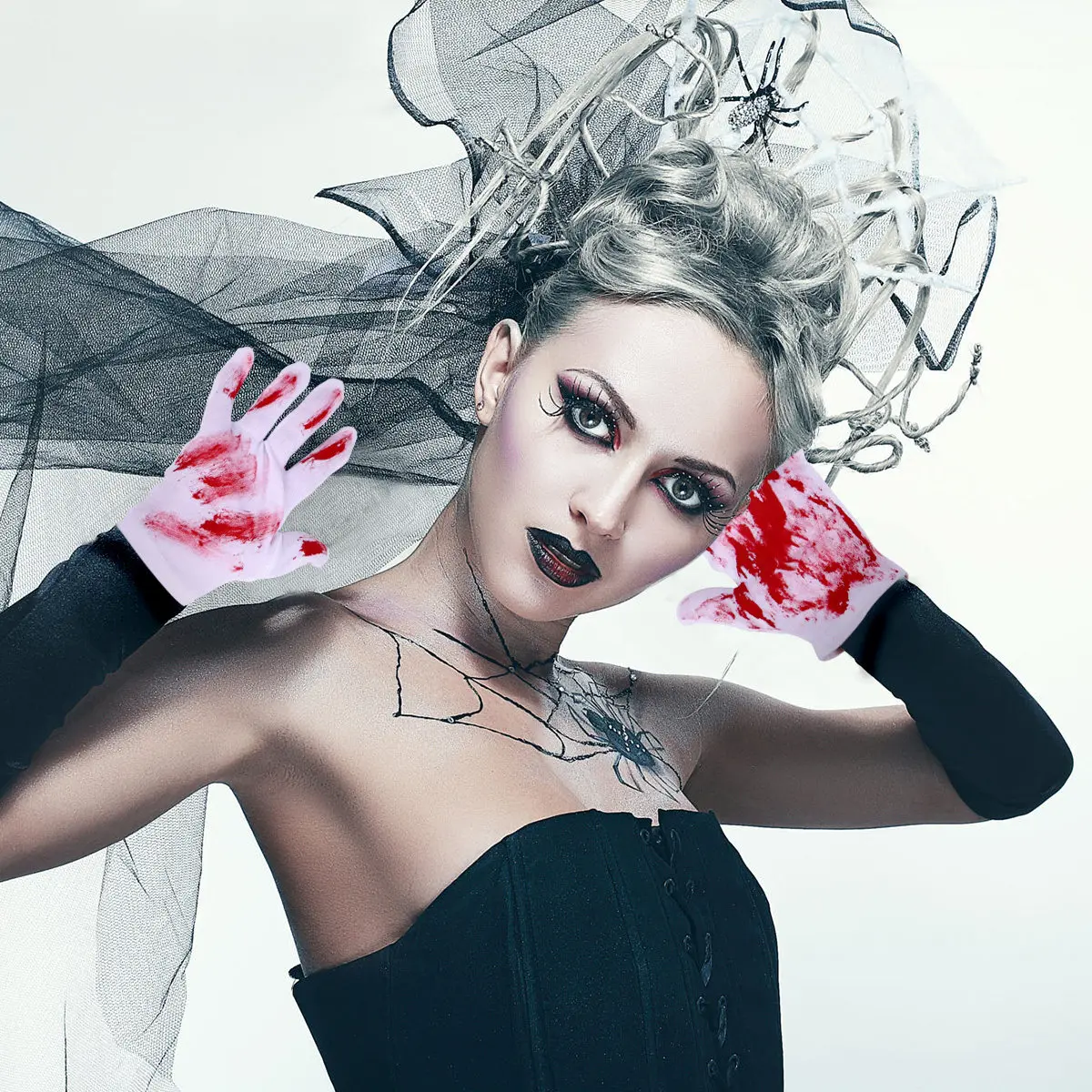 

4Pairs White Bloody Gloves Halloween Horror Prop Costume Accessories Blood Splatter Design Stretchy Knit Unisex Cosplay Theater