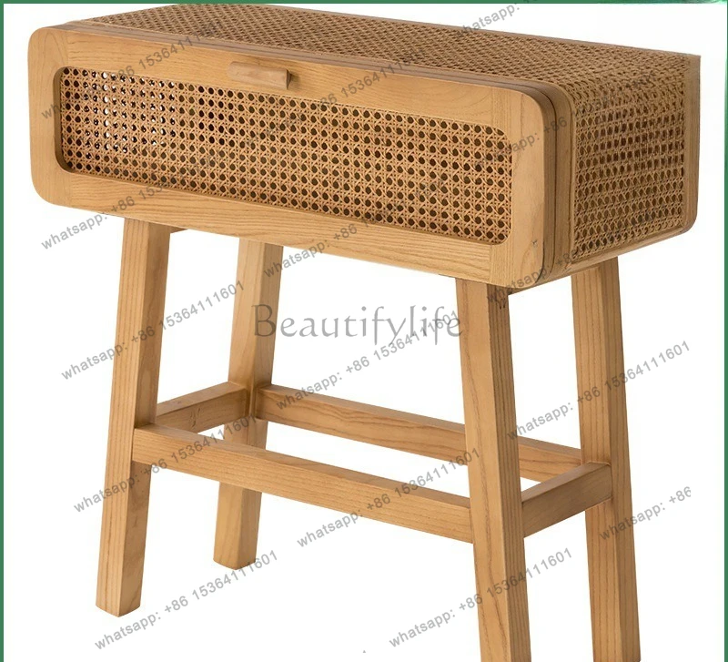 

Nordic rattan solid wood bedside table dining side table locker Japanese style