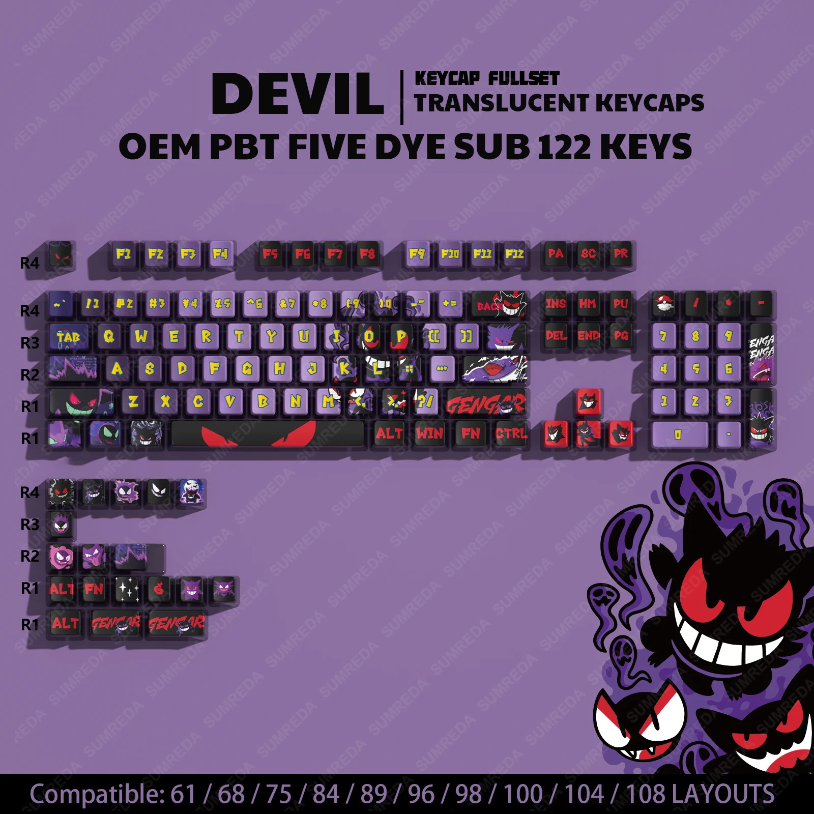 Devil Cartoon Anime Keycaps PBT DYE SUB Pudding Key caps OEM Profile Backlit Translucent Keycaps For Rainy75 Sugar65 Hi75 Hi8