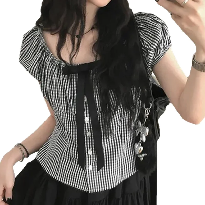 

Корейский Sle Summer Ballet Bubble Sve Ribbon Plaid Ort Sve Irt Топ для похудения Универсальный прямой крой для поездок на работу Sle