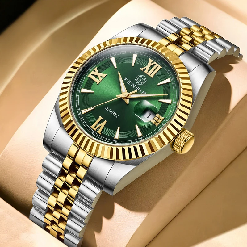 European and American Style Light Luxury Men's Formal Quartz Wristwatch, Serrated Bezel with Roman Numerals Dial, Waterproof and Shock-Resistant Calendar Watch, Suitable for Gifts, Workplace, and Banquets, Steel Strap,