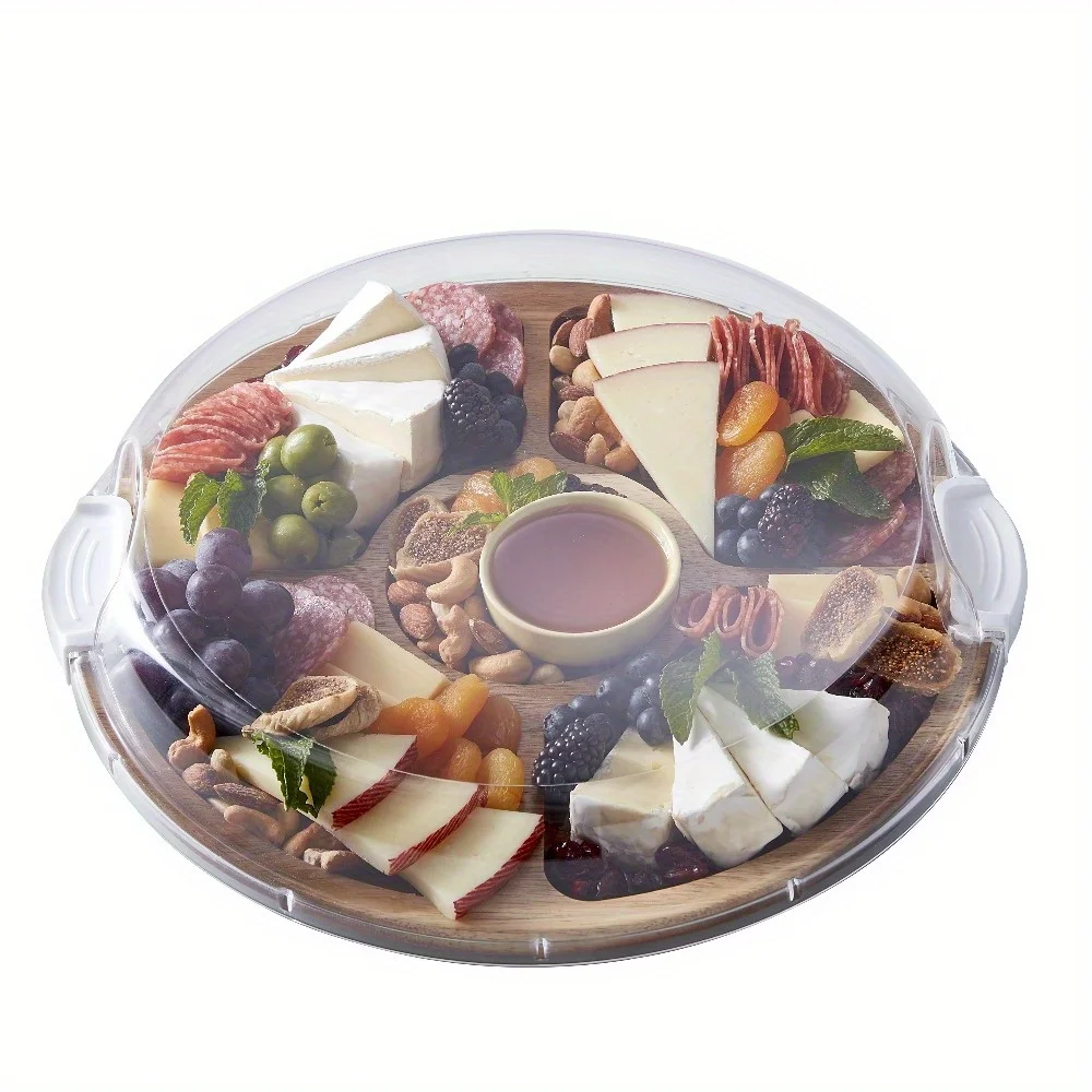 

14-дюймовая круглая разделочная доска из акации — основание Lazy Susan, 5 отделений, запирающаяся крышка, универсальная для подготовки, насыщенная отделка из дерева акации