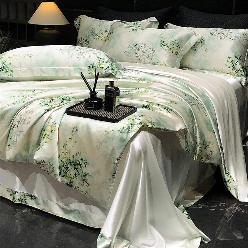 High End Silk Duvet Cover Set with Bed Sheet Pillowcase Cozy Soft Bedding Set Luxury Smooth Floral Quilt Cover Flat Fitted Sheet