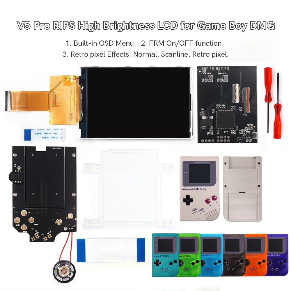 

DMG GB V5 IPS Pro Backlight LCD Screen Kits built-in OSD FRM Menu function with pre-cut shell and speakers For Game Boy GBO Cons