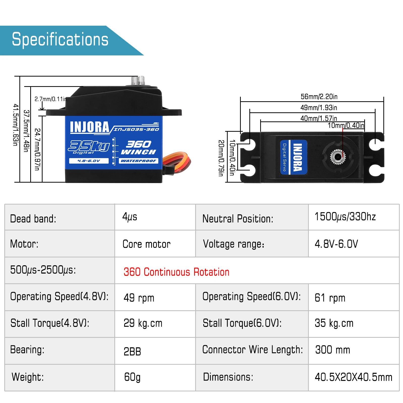 Bobina per verricello digitale Servo 360 con rotazione di 35KG INJS035-360 ° impermeabile per modello di barca per auto cingolata RC