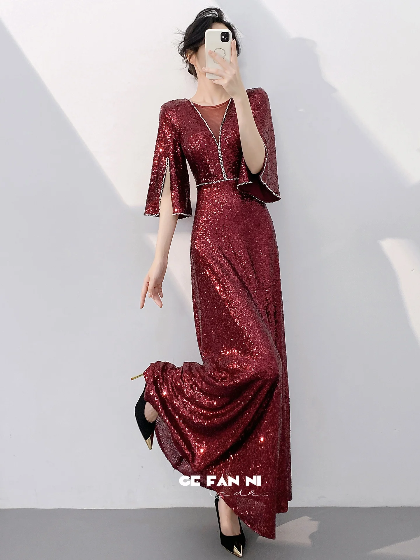 

Ele Evening Gown Women's New 2025 Red Sequin Host Year End Par Important Ocn Wine Red Long Dr Faionable Hi...