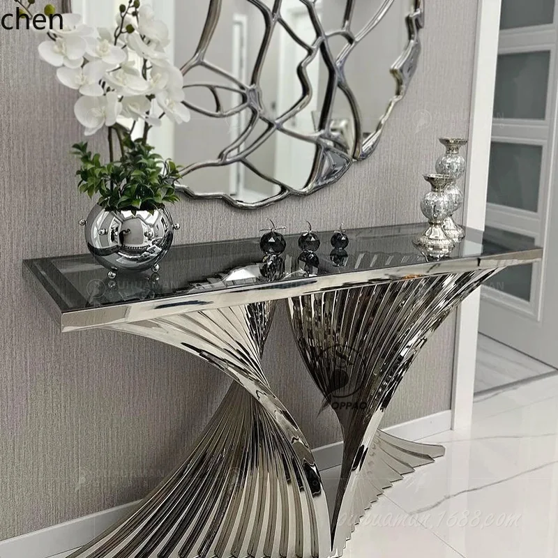 stainless steel titanium marble entrance wall-mounted console table with tempered glass Zl@