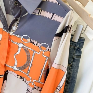 Áo sơ mi lụa dài tay của phụ nữ, quần áo phụ nữ, lụa giả, màu cam và xám, thời trang thanh lịch, thiết kế thương hiệu sang trọng, mùa hè, 2022 12 Quần áo bán hàng chính Orange - 1