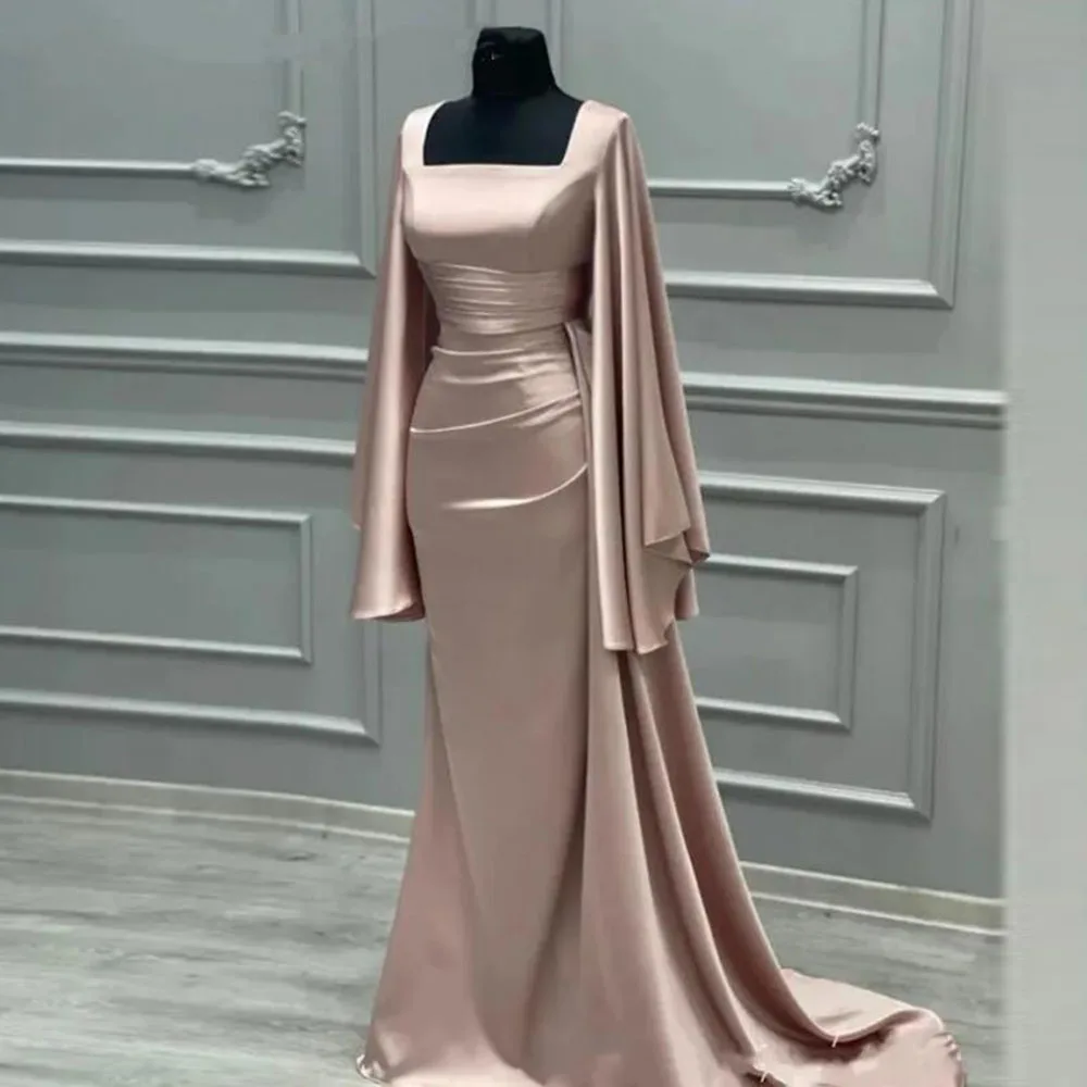 Eightale Rose Champagne Muslim Evening Dresses Satin Mermaid Prom Wedding Party Gown Square Collar Customized Robes De Soirée