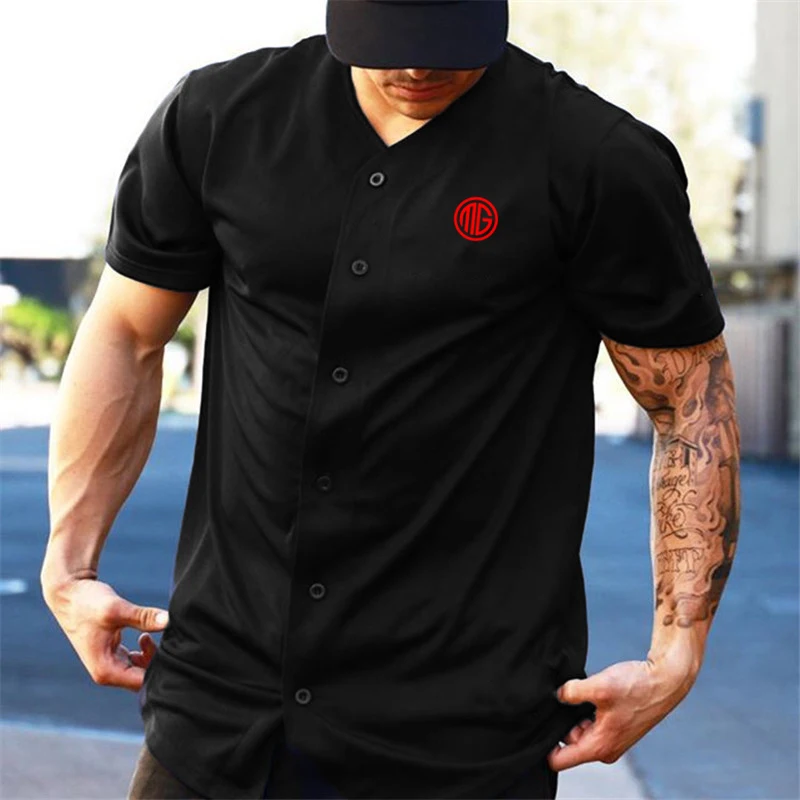 Summer Fashion Casual V-neck Classic Printed Gym Sports Bodybuilding Fitness Mesh Large Size T-shirt