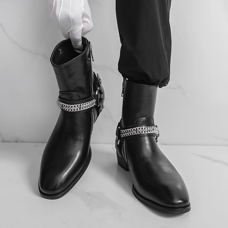 

Классические черные модные мужские дышащие высокие ботинки с боковой молнией, осенние мужские удобные остроконечные ковбойские уличные ботинки в стиле вестерн