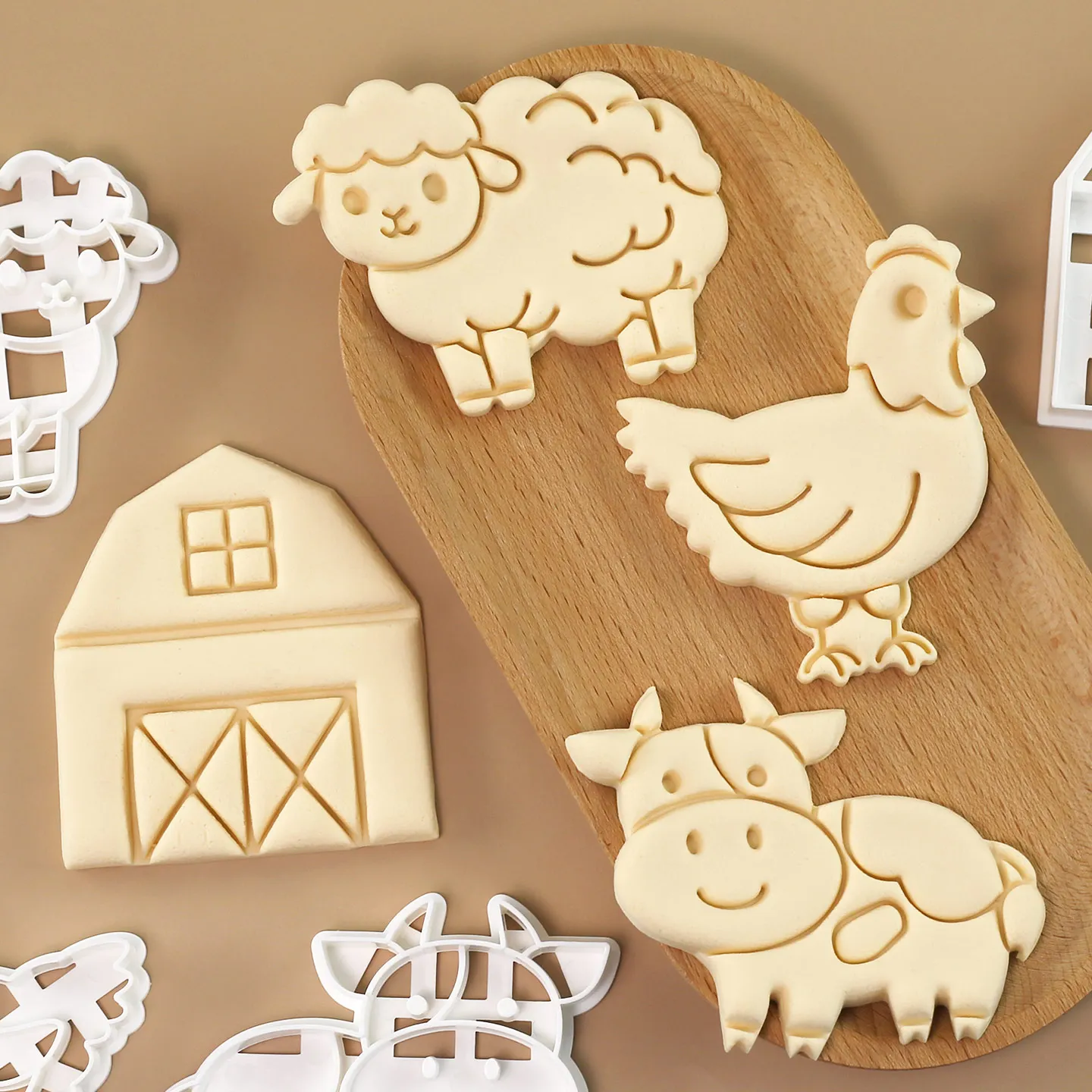4 Uds. Cortadores de galletas de animales de granja, moldes para hornear con forma de granja de vacas, ovejas, gallo, pollo, granero, granja, Acción de Gracias, Navidad