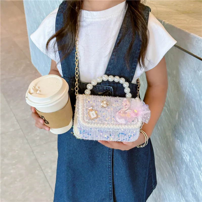 Lace Sequin Baby Girls Small Square Shoulder Bag Cute Cartoon Children\'s Messenger Bags Lovely Pearl Handle Coin Purse Handbags