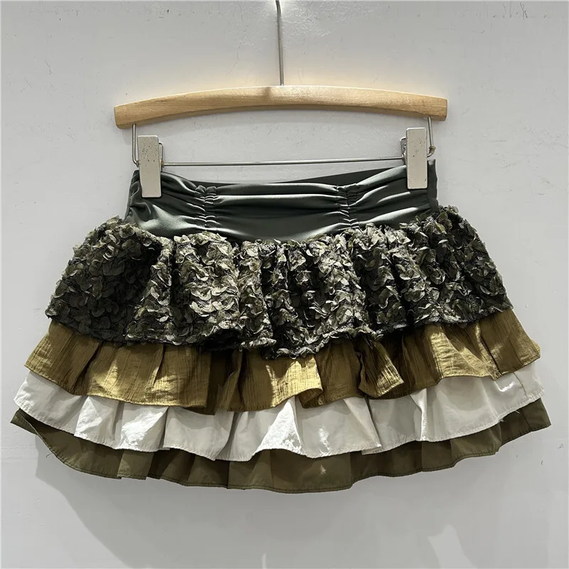 WTHT موضة المرأة تقسم الدانتيل مطوي حافة نفخة تنورة العصرية مطاطا عالية الخصر ألف خط التنانير 2025 الصيف الإناث 1LS1449