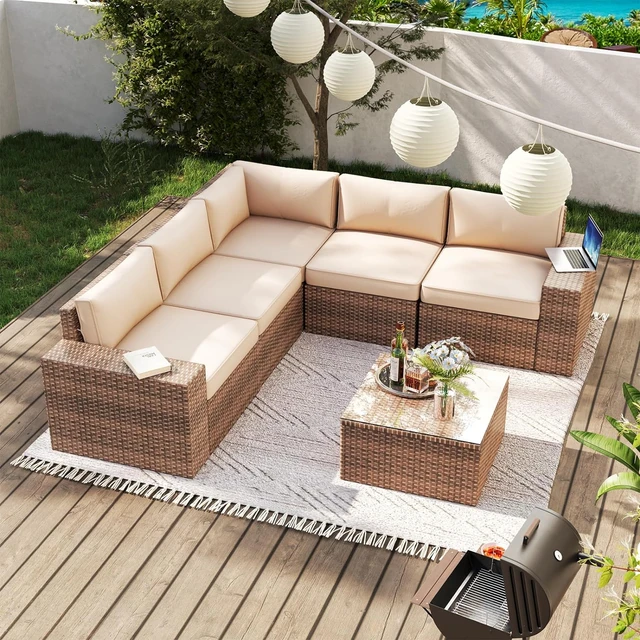 Patio Furniture Set 6 Piece Wicker Sectional Sofa Set Outdoor Furniture Rattan Patio Conversation Set with Removable Cushions AliExpress