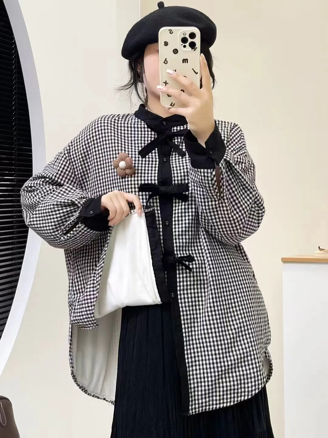 Hoge kwaliteit dames 100% katoenen blouse shirt geruite fleece lange mouw OL elegant shirt dames strik sluiting 2025 top shirts