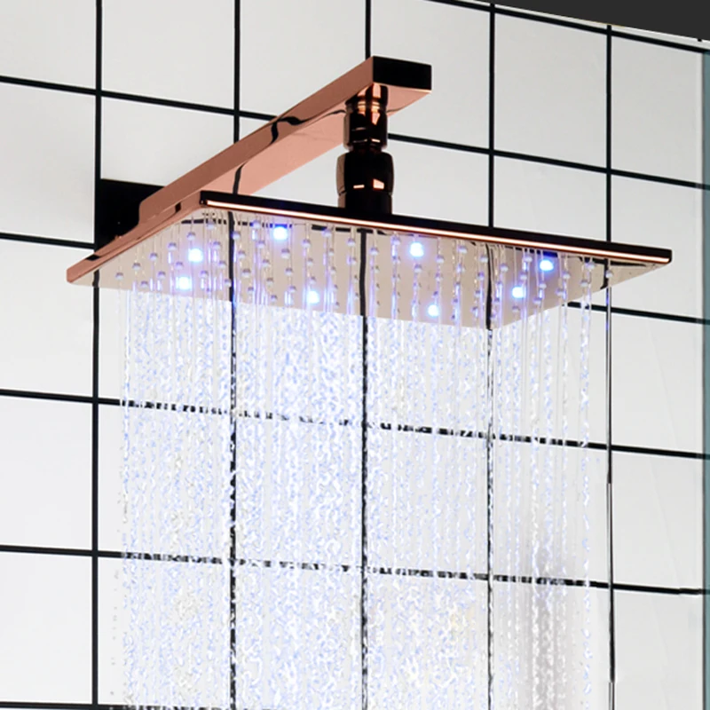 Install Rose Gold shower head LED rainwater faucet kit