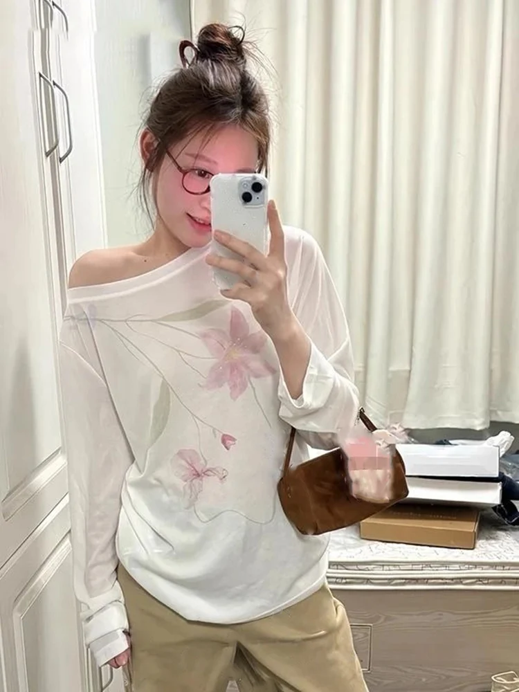 الأمريكية الرجعية ملابس منقوشة بكم طويل تي شيرت المرأة الحلو عادية شفافة تنوعا بلايز الخريف جديد Y2k الجمالية تيز