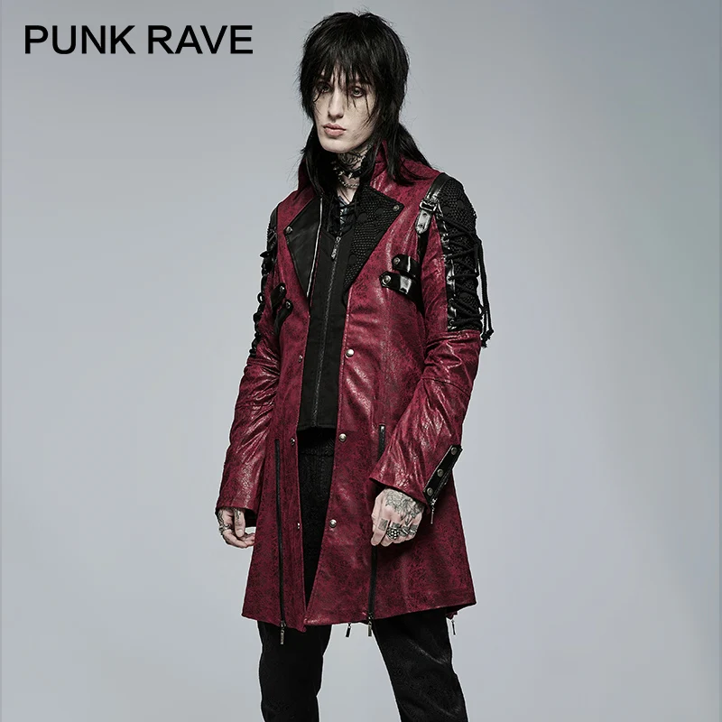 PUNK RAVE Men\'s Punk Style Military Jackets Faux Leather Slit Unisex Gothic Retro Men Long Coats Autumn Winter Black & Red