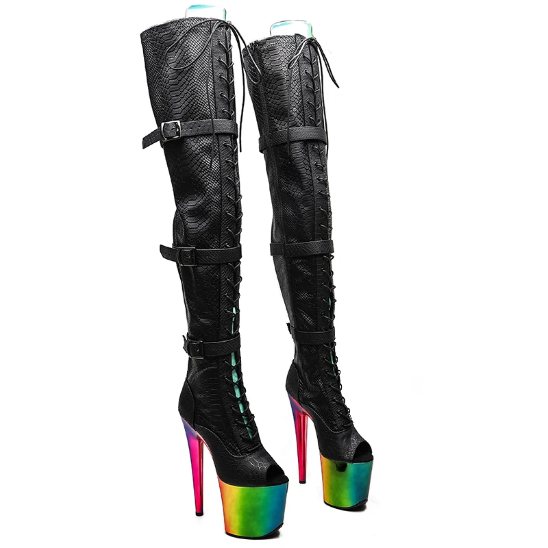 

Leecabe 20CM/8inches Snake PU Upper Open Toe with colorful electroplate High Heel platform Boots Pole Dance boots