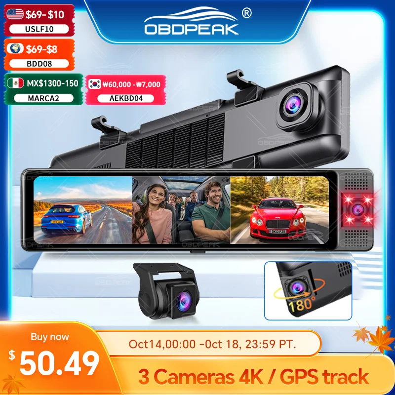 OBDPEAK 3 Camera Dash Cam 4K Car DVR Front Inside Rear 1080P GPS Tracking Night Vision Video Registrator Dashcam Parking Monitor