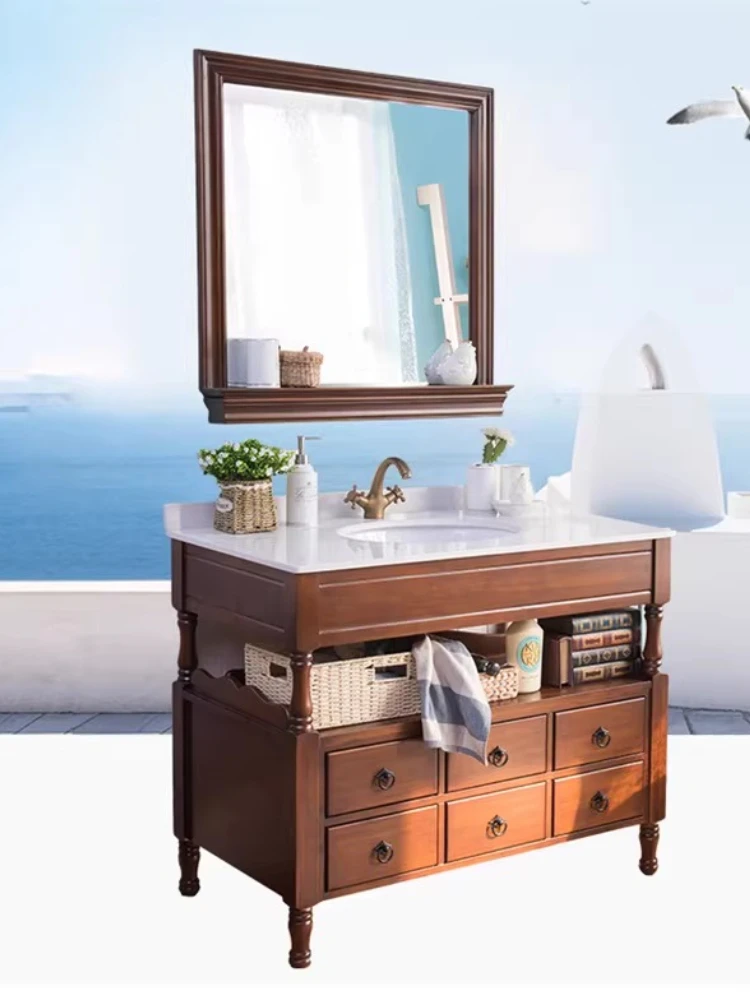 

American bathroom cabinet oak solid wood washbasin cabinet combination bathroom floor-standing washbasin combination
